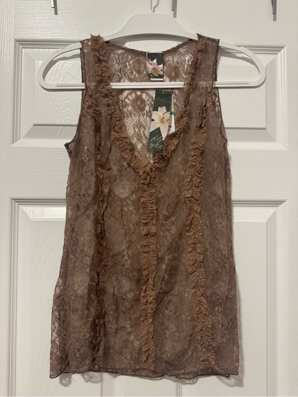 Lily White Brown Lace Ruffle V-Neck Camisole